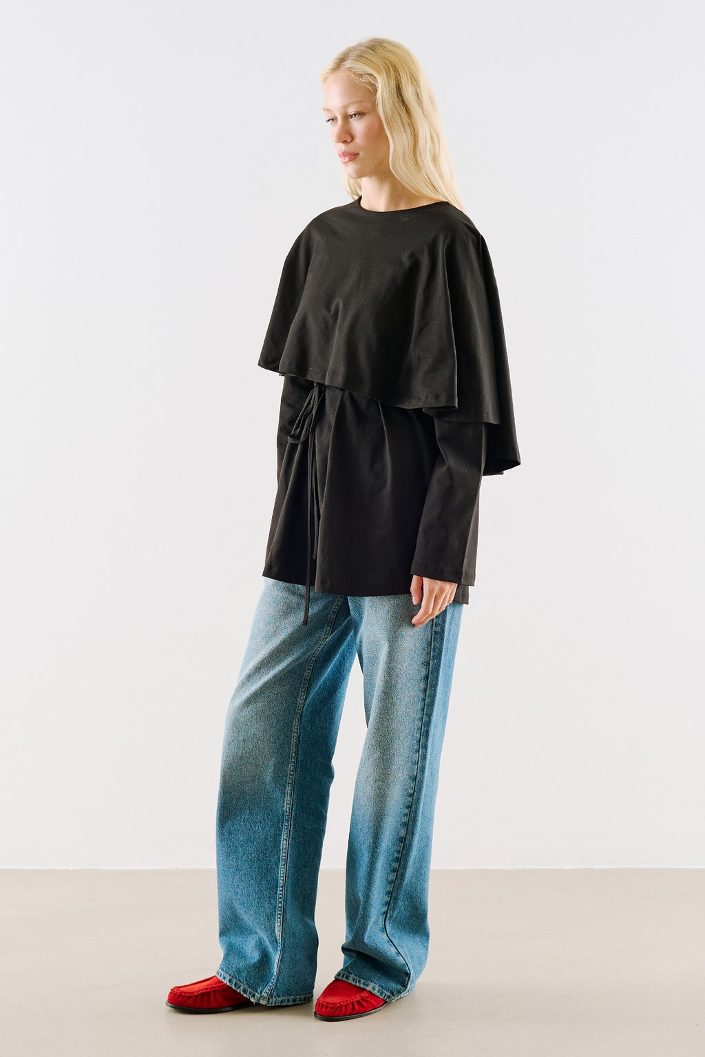 Cape-Style Belted Tunic Black