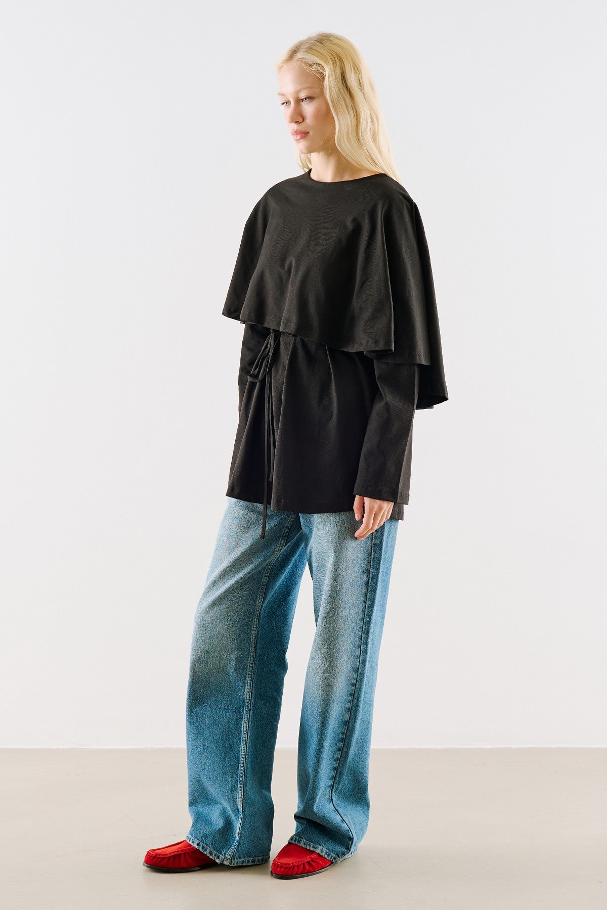 Cape-Style Belted Tunic Black