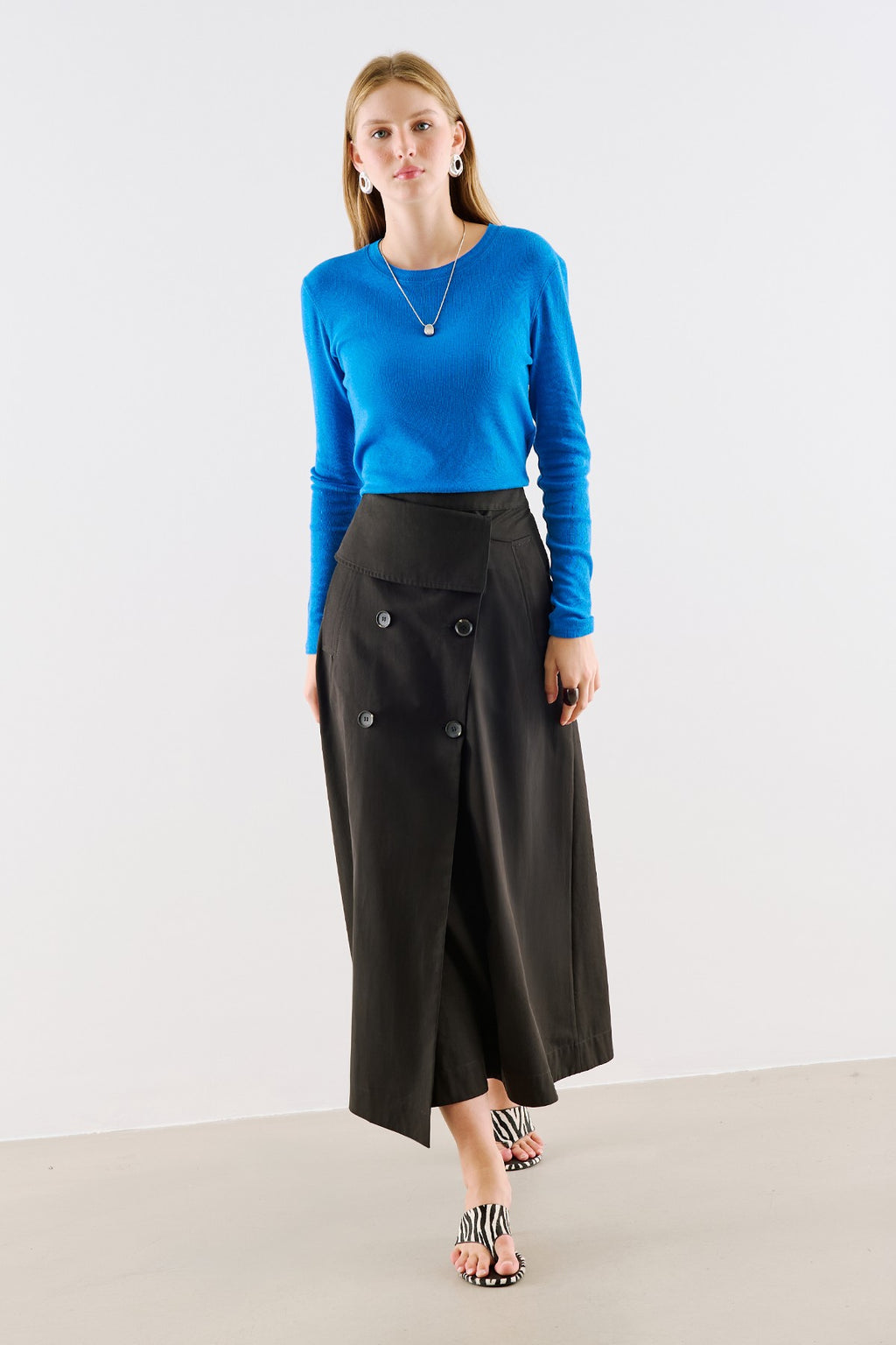 Wrap-Style Button-Detail Skirt Black