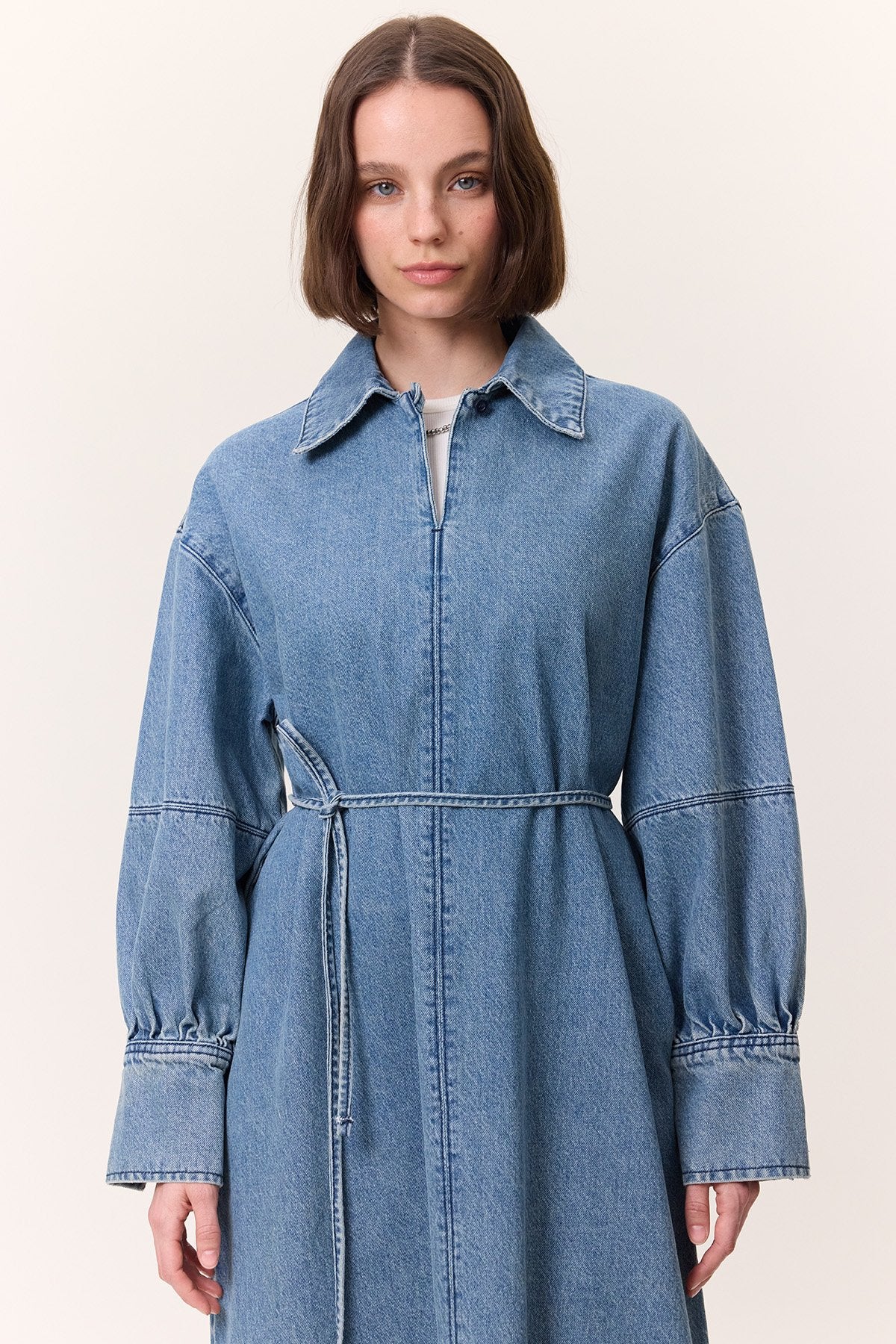 Cuff-Detail Denim Dress Light Blue