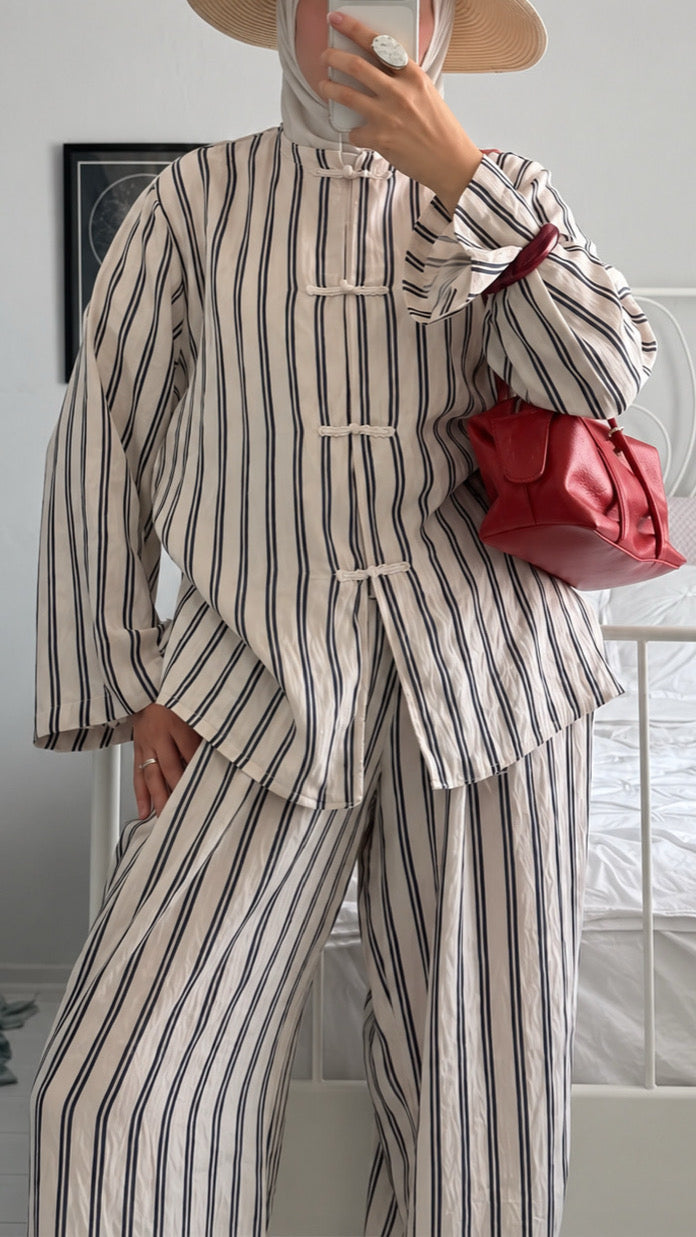 Chino Buttoned Striped Set Cream