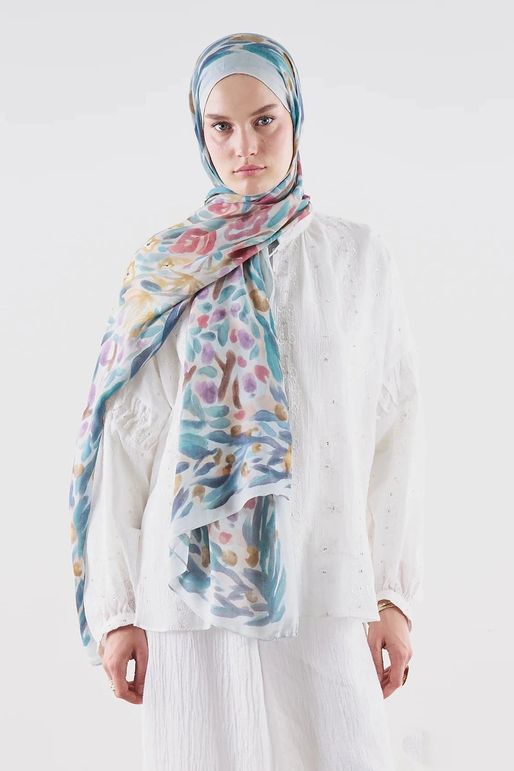 Floral Whimsy Ramie Viscose Shawl Soft Blue