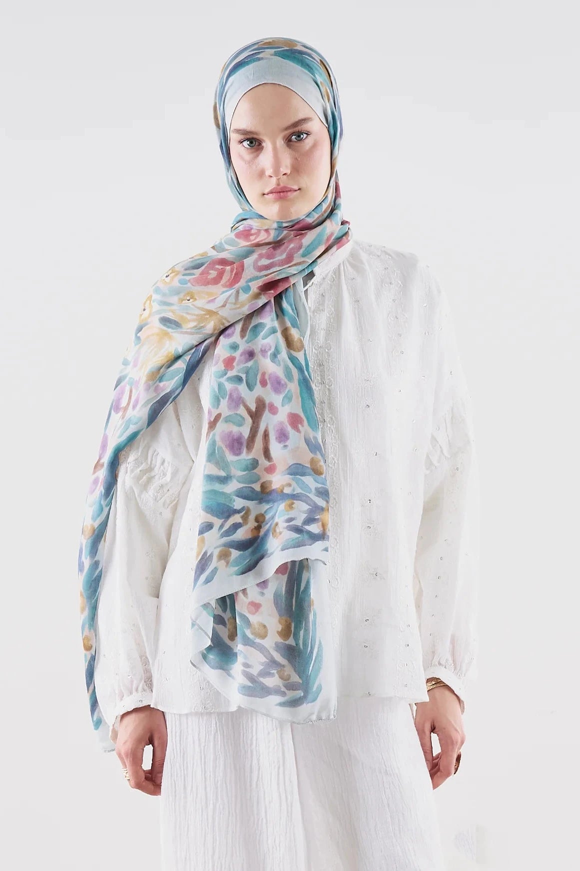 Floral Whimsy Ramie Viscose Shawl Soft Blue