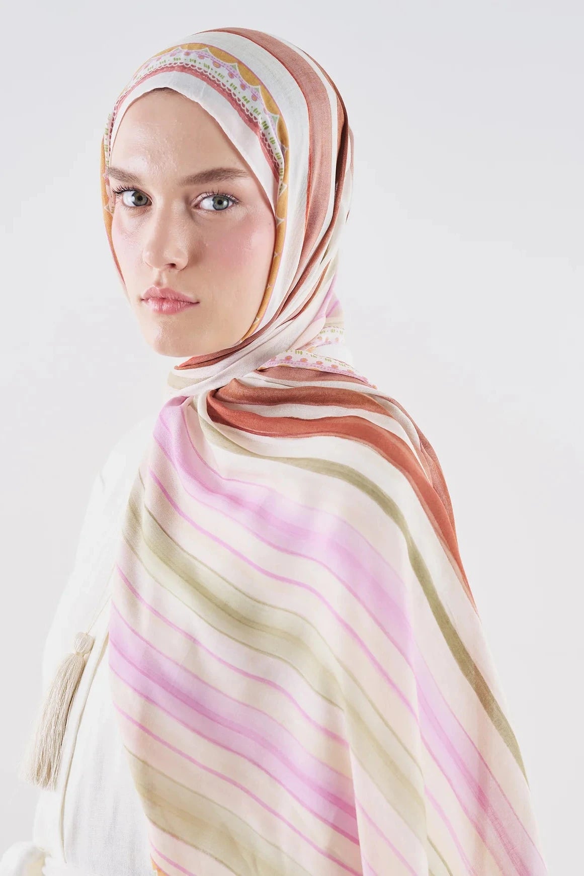Summer Blocks Ramie Viscose Shawl Lilac & Brown
