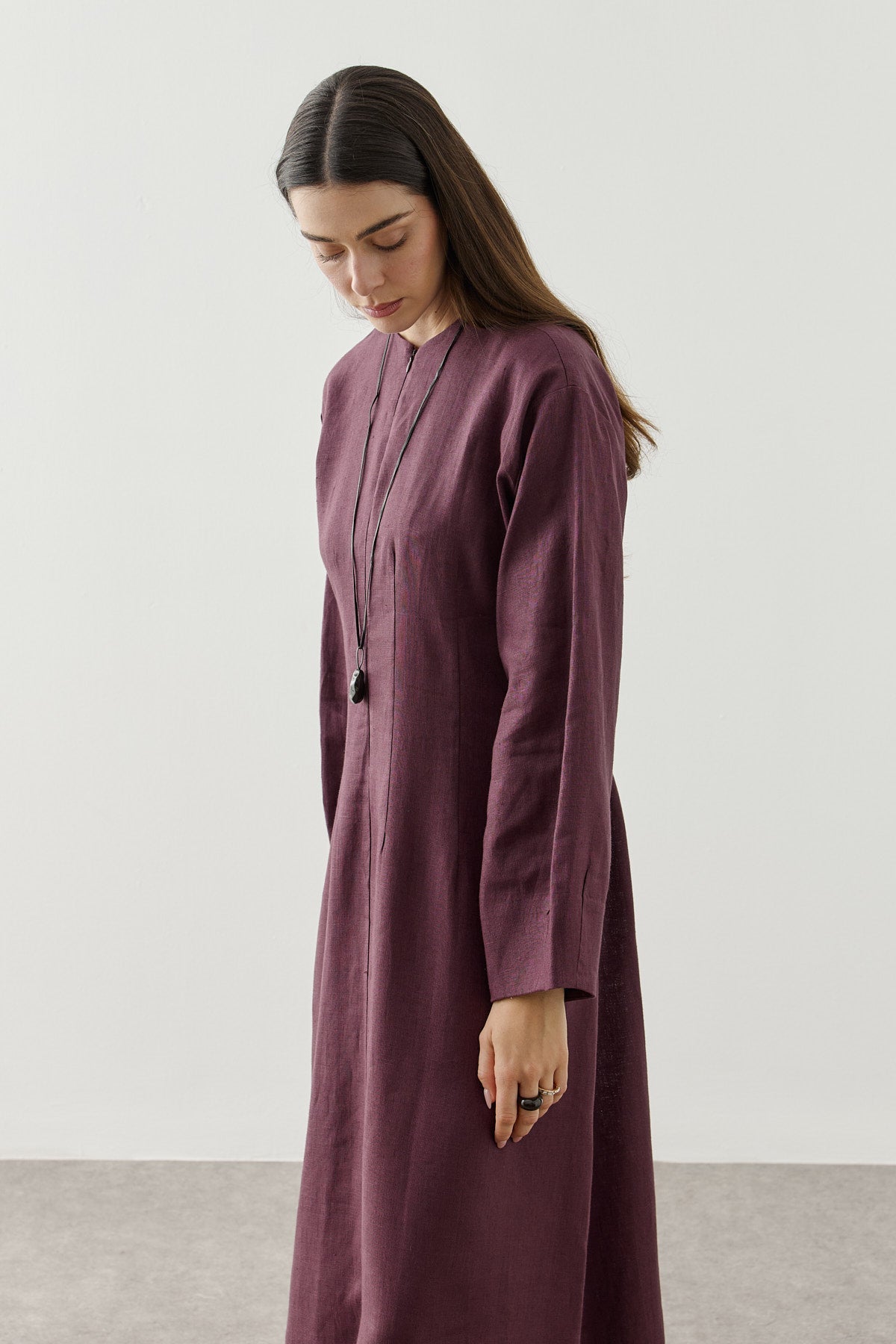 Linen Darted Zip-Up Dress Plum