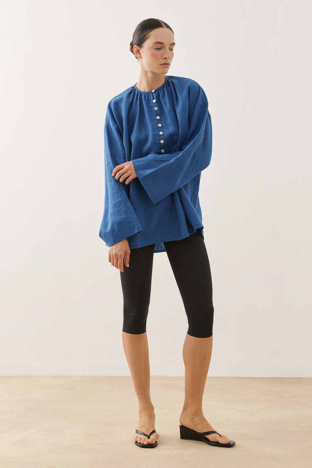 Crew Neck Linen Shirt Cobalt Blue