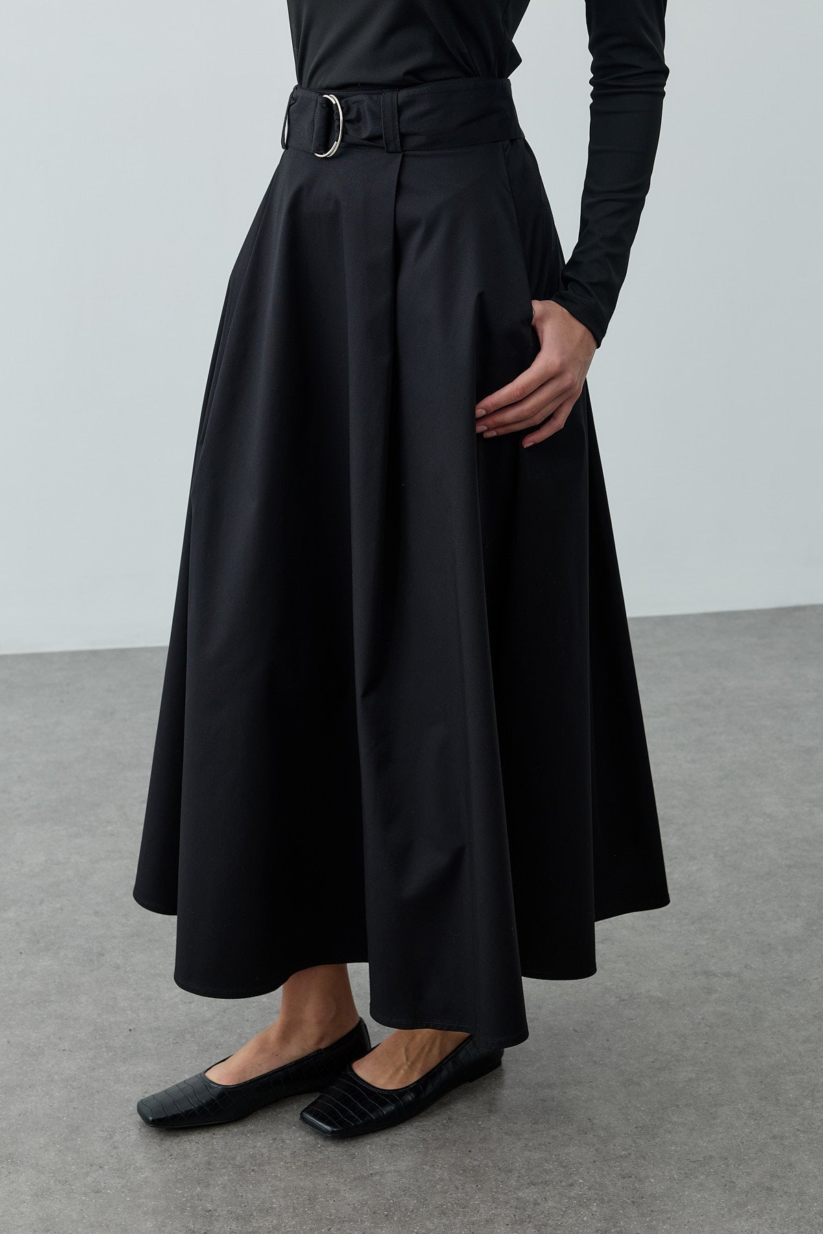 Belted Gabardine Skirt Black