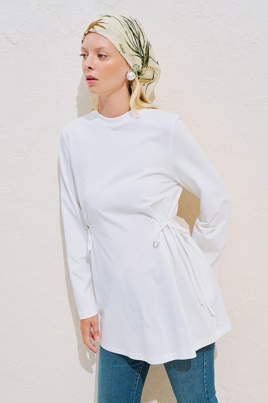 Waist Tie Long Sleeve T-shirt White