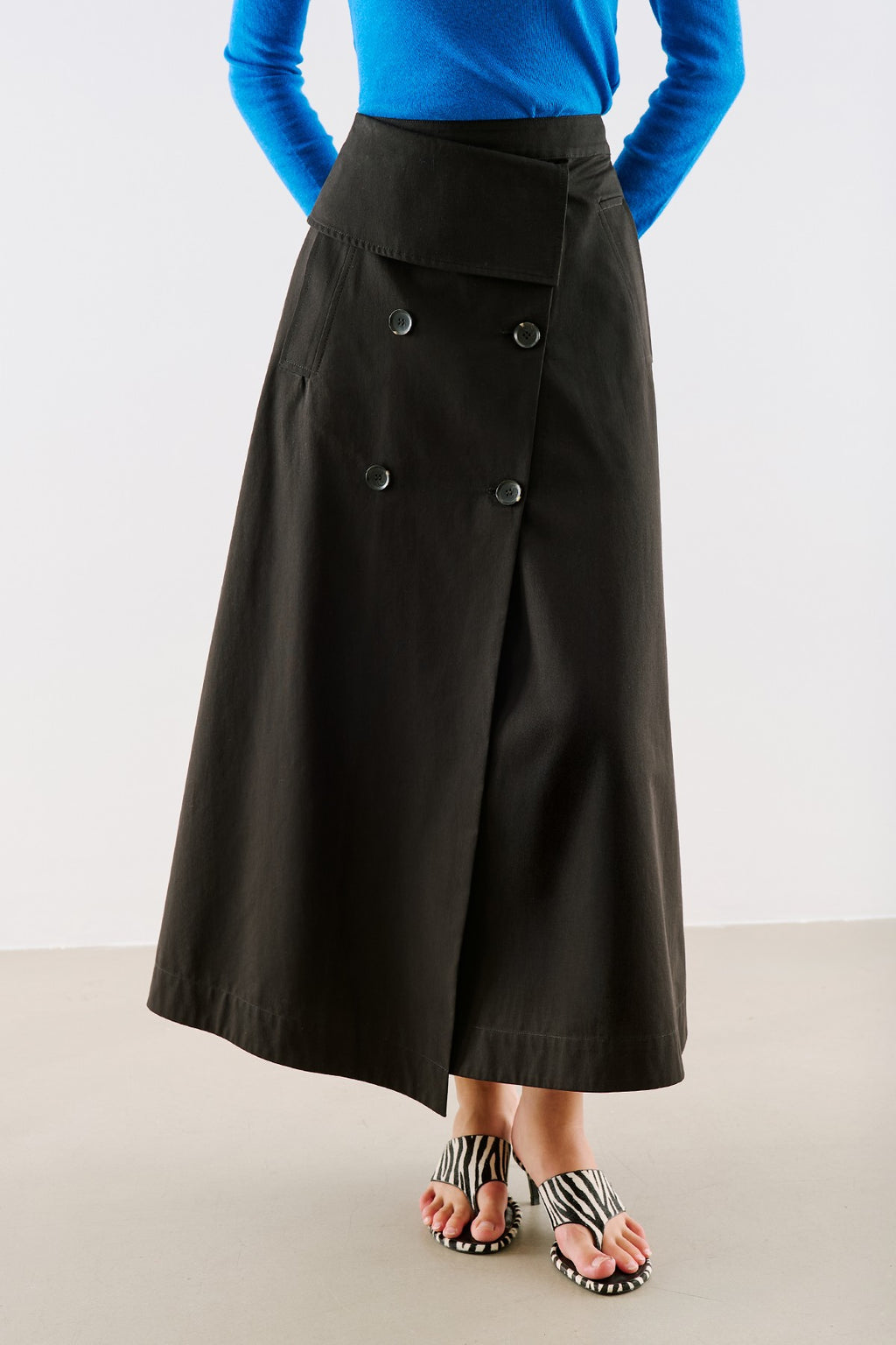 Wrap-Style Button-Detail Skirt Black