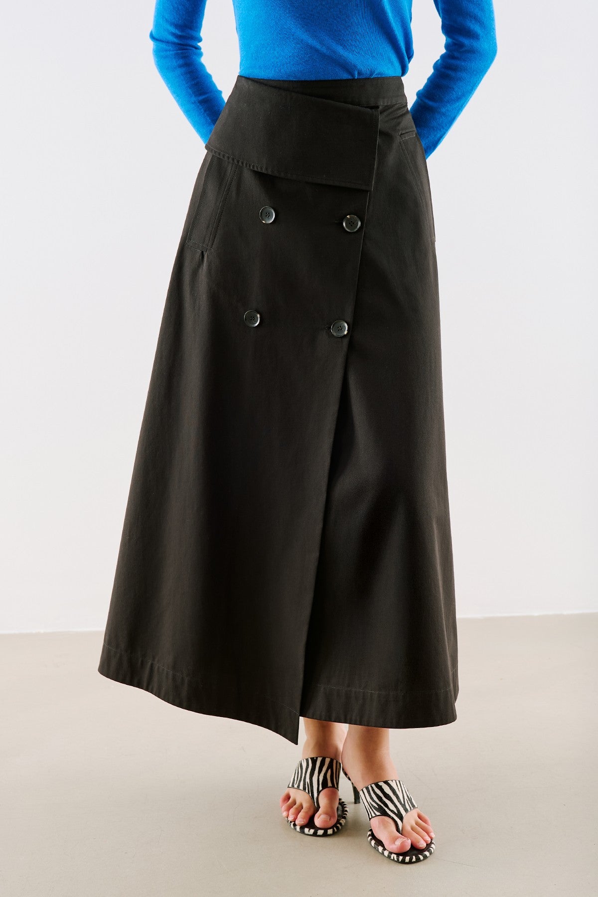Wrap-Style Button-Detail Skirt Black