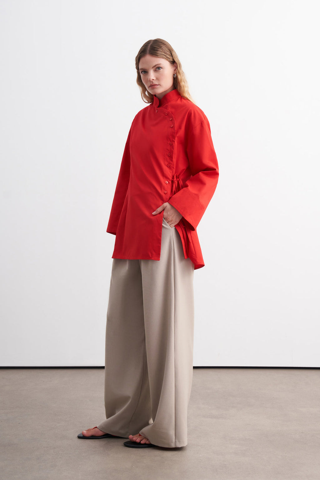 Side-Button Poplin Shirt Red