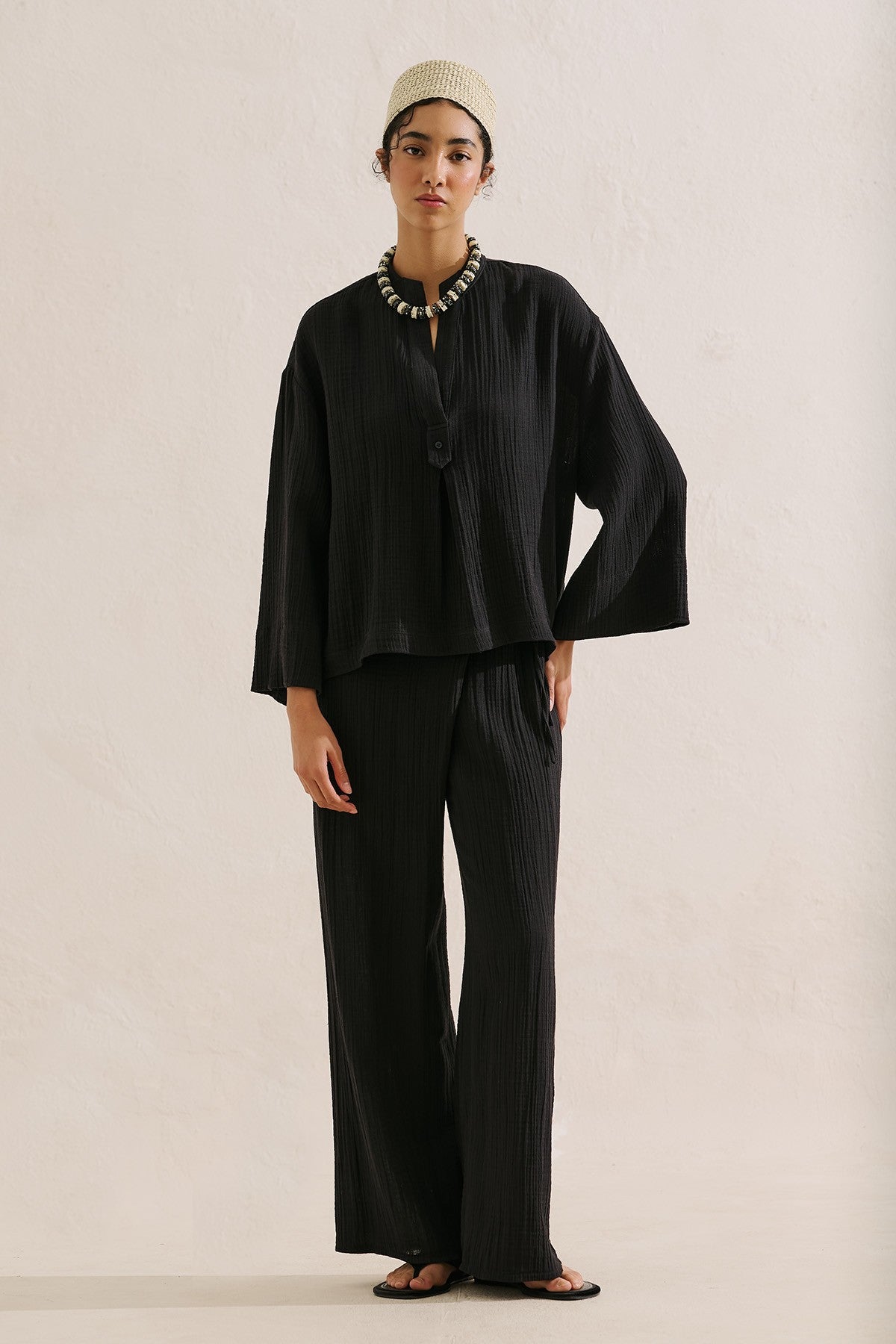 Muslin Wide-Sleeve Blouse Black