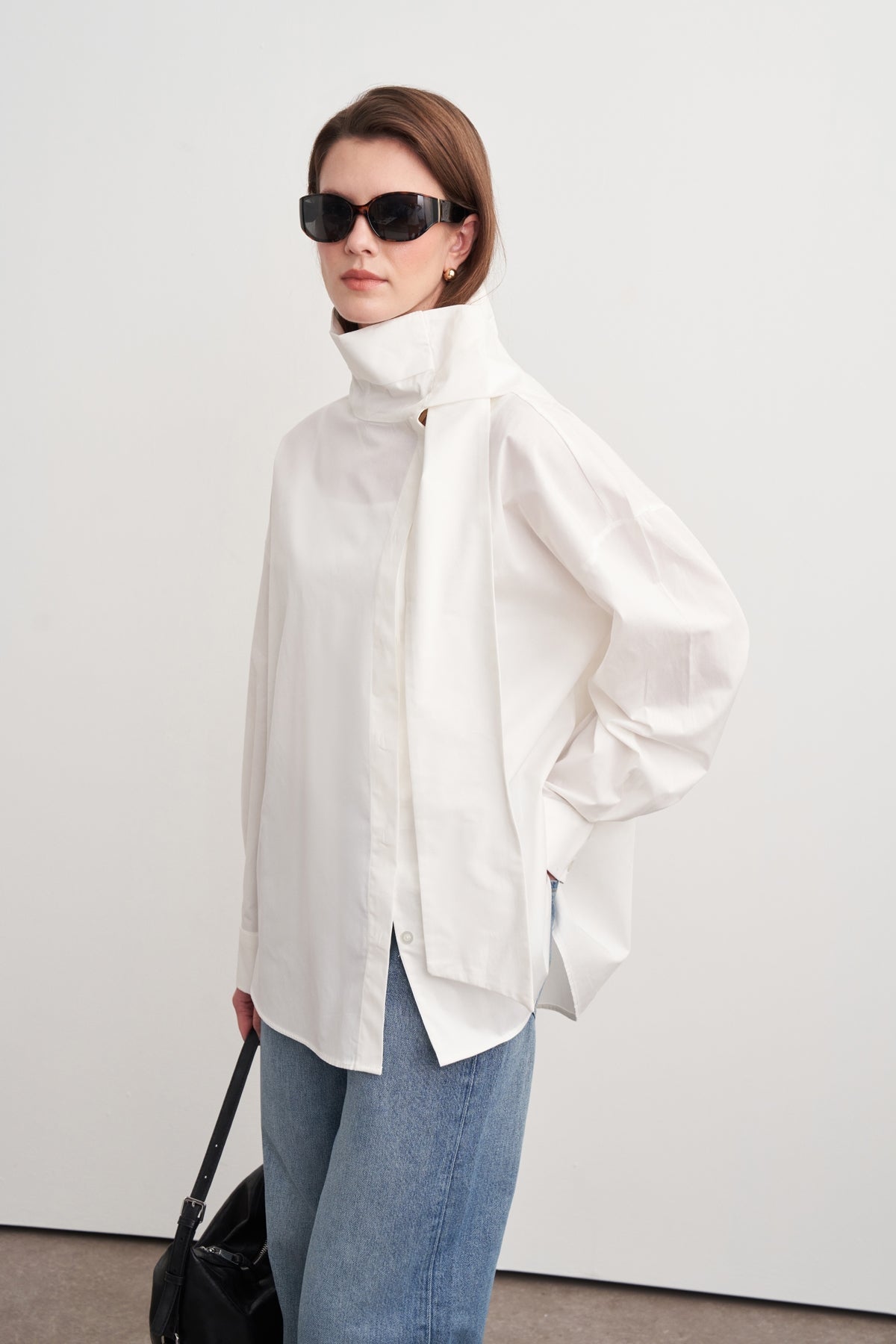 High-Neck Tie-Detail Poplin Shirt White