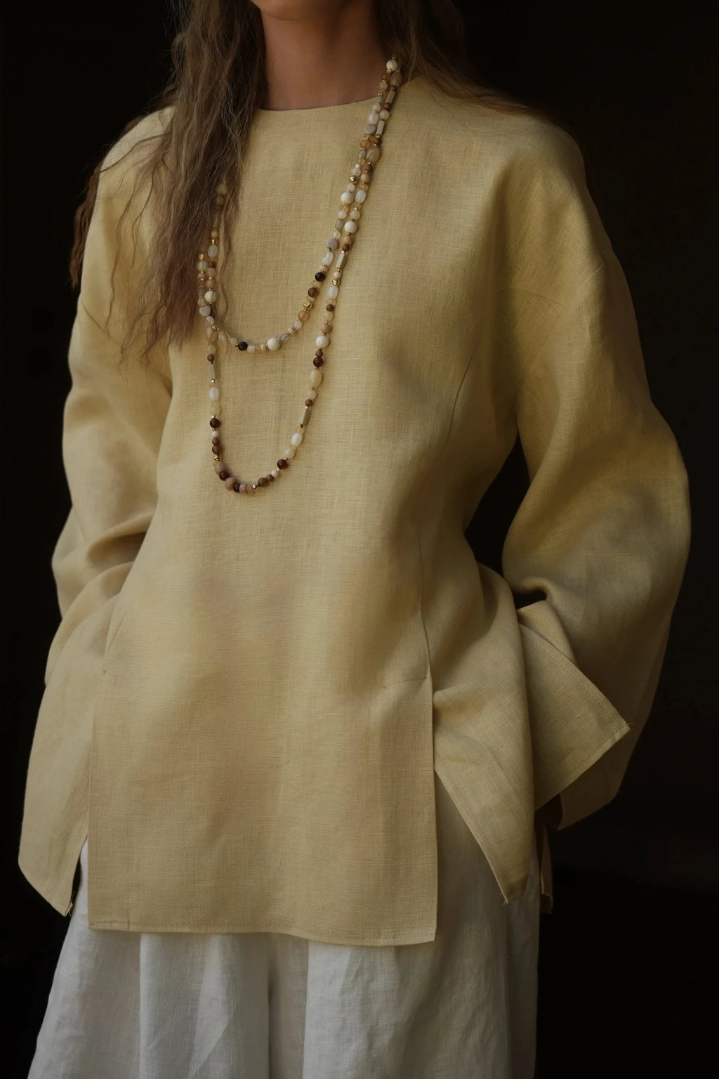 Double-Slit Organic Linen Blouse Yellow