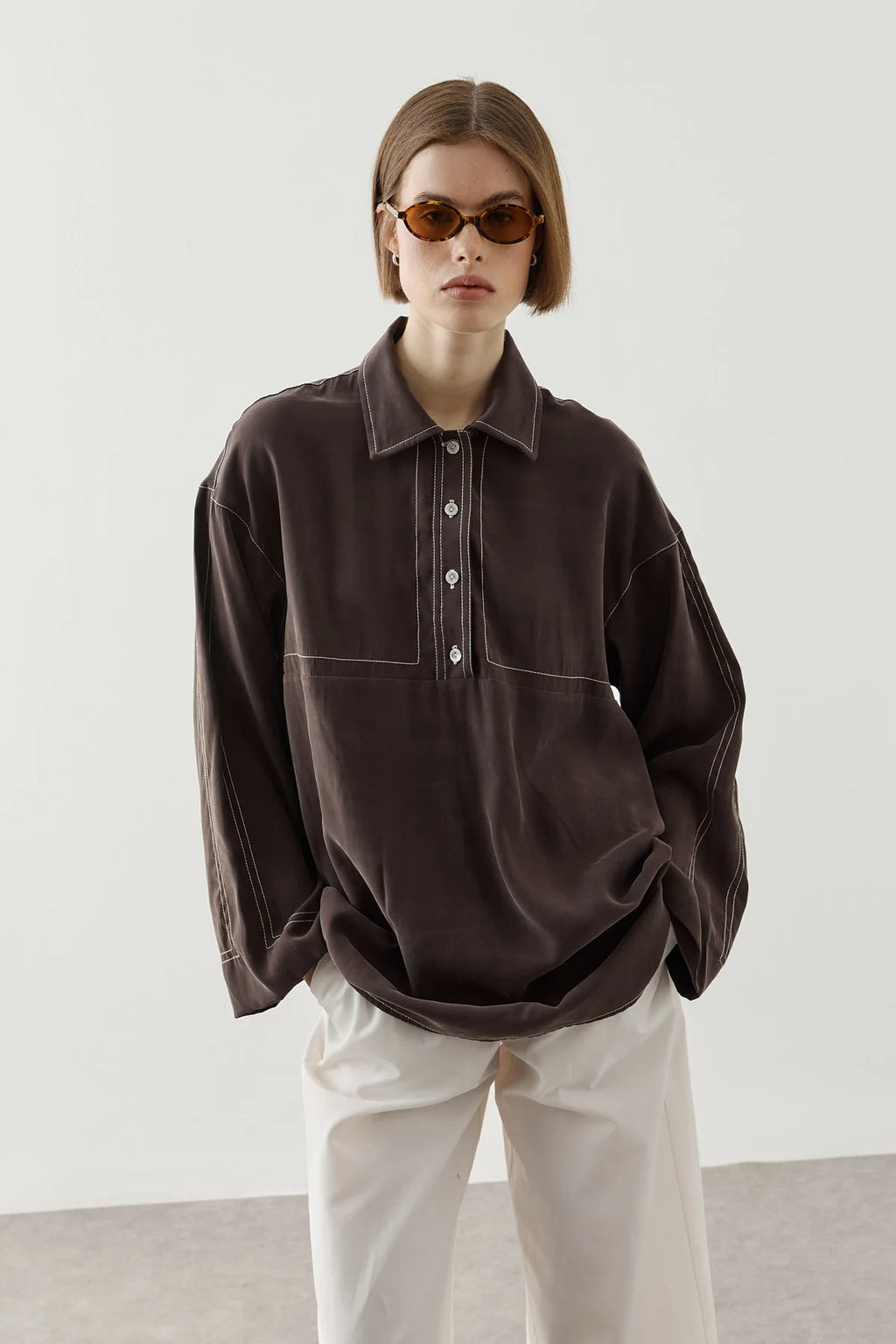 Contrast-Stitch Tencel Shirt Brown