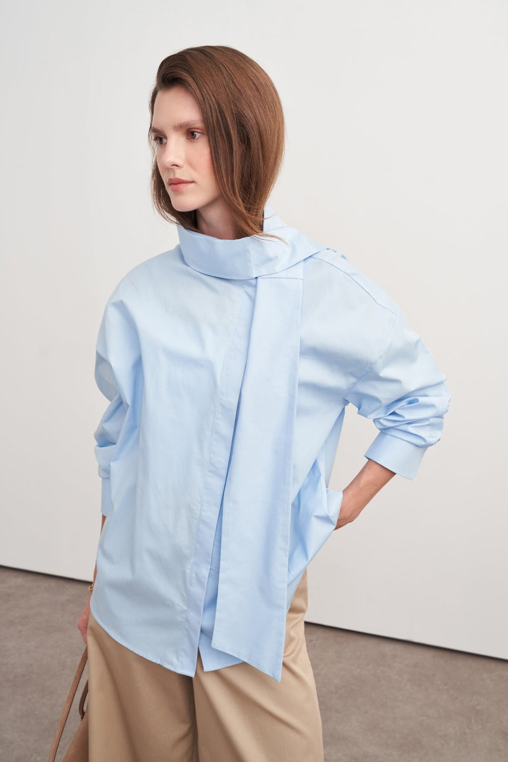 High-Neck Tie-Detail Poplin Shirt Light Blue