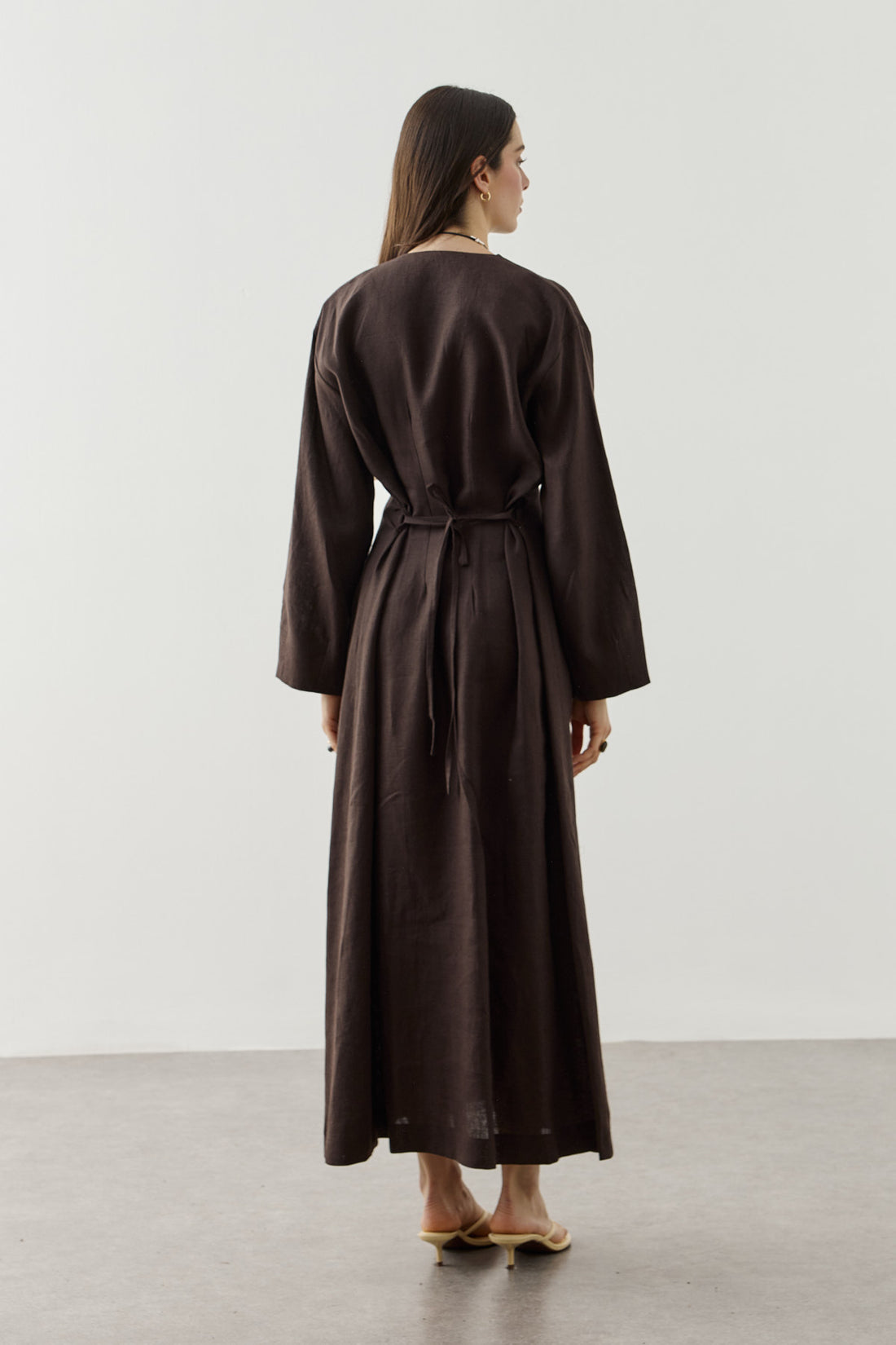Linen Darted Zip-Up Dress Brown