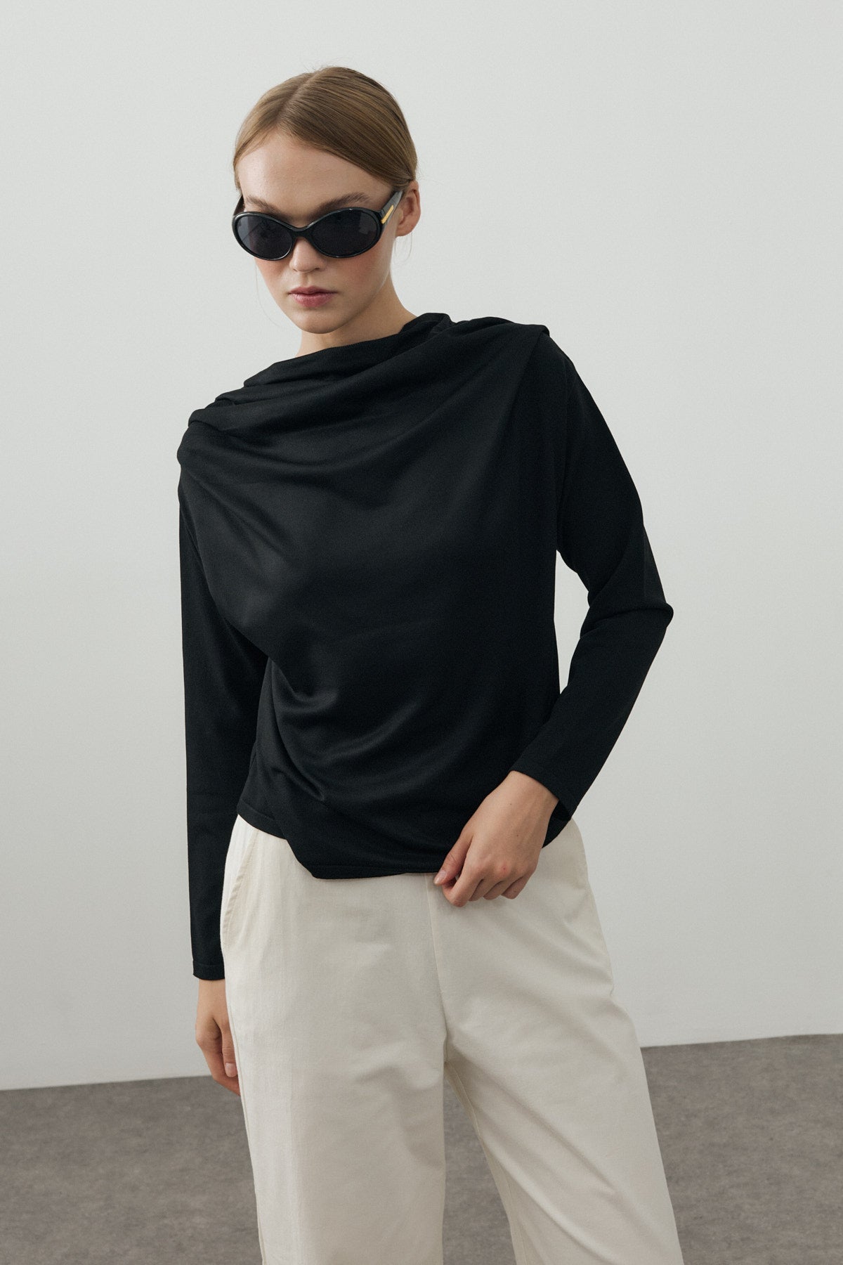 Draped Lightweight Knit Top Black