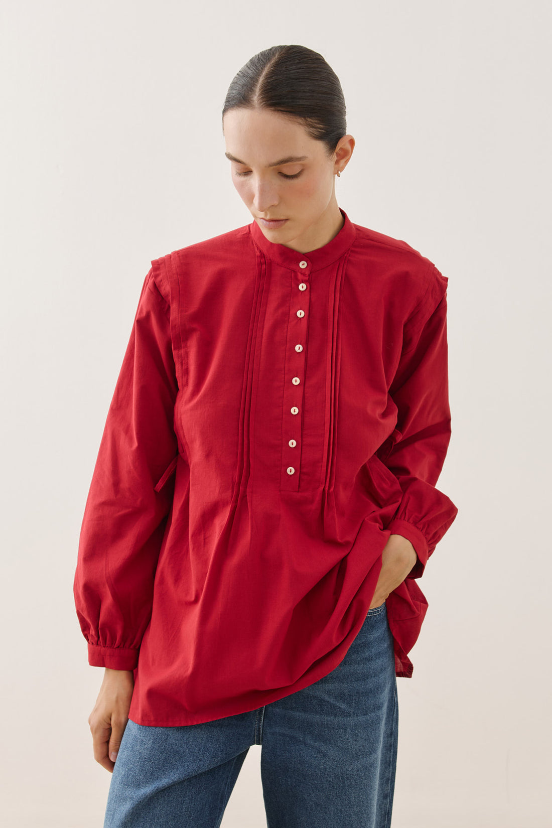 Pleated Cotton Shirt Red