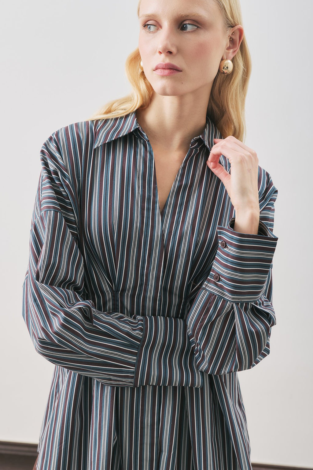 Pleated-Detail Shirt Brown Striped