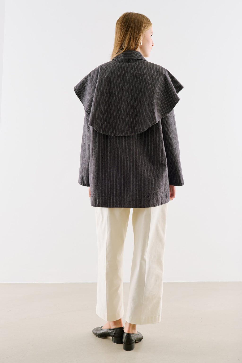 Scarf-Collar Shirt Jacket Black Striped