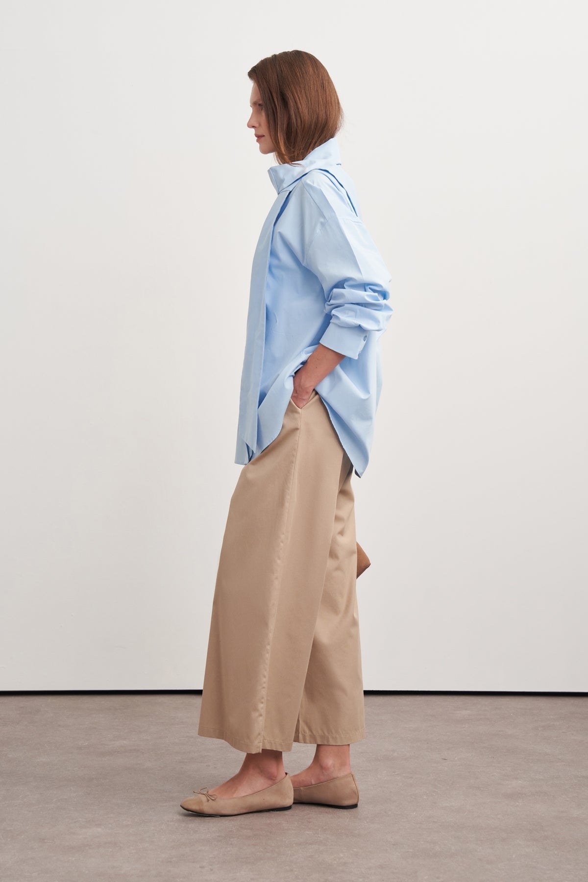 High-Neck Tie-Detail Poplin Shirt Light Blue