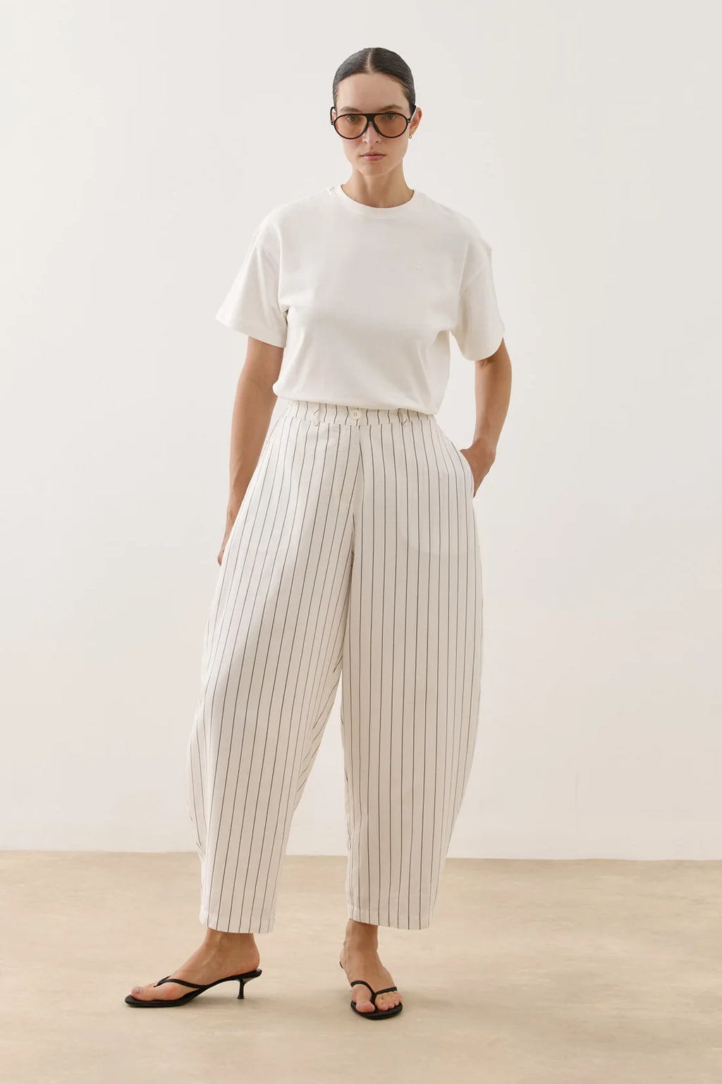 Striped Modal Barrel-Leg Pants White