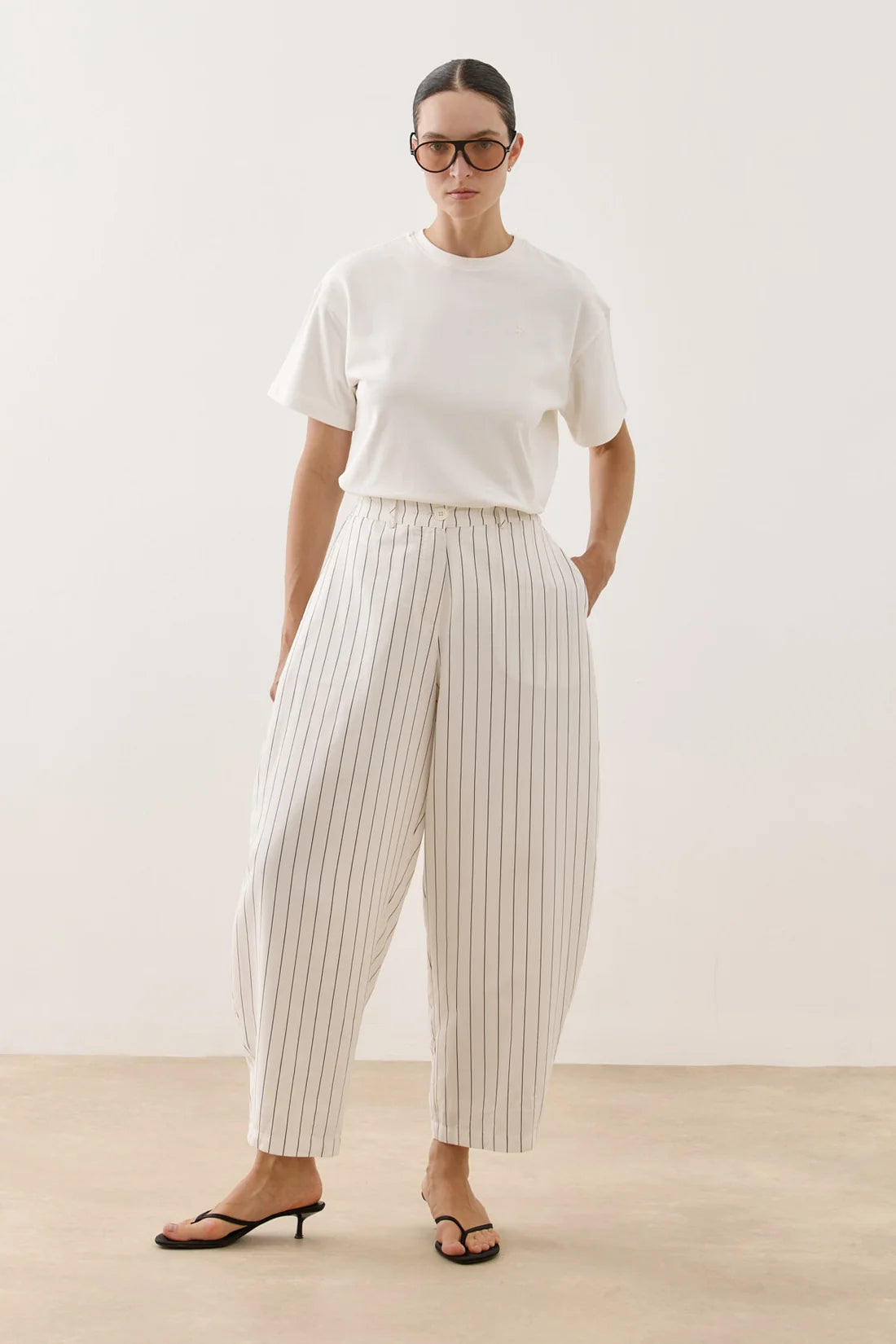 Striped Modal Barrel-Leg Pants White