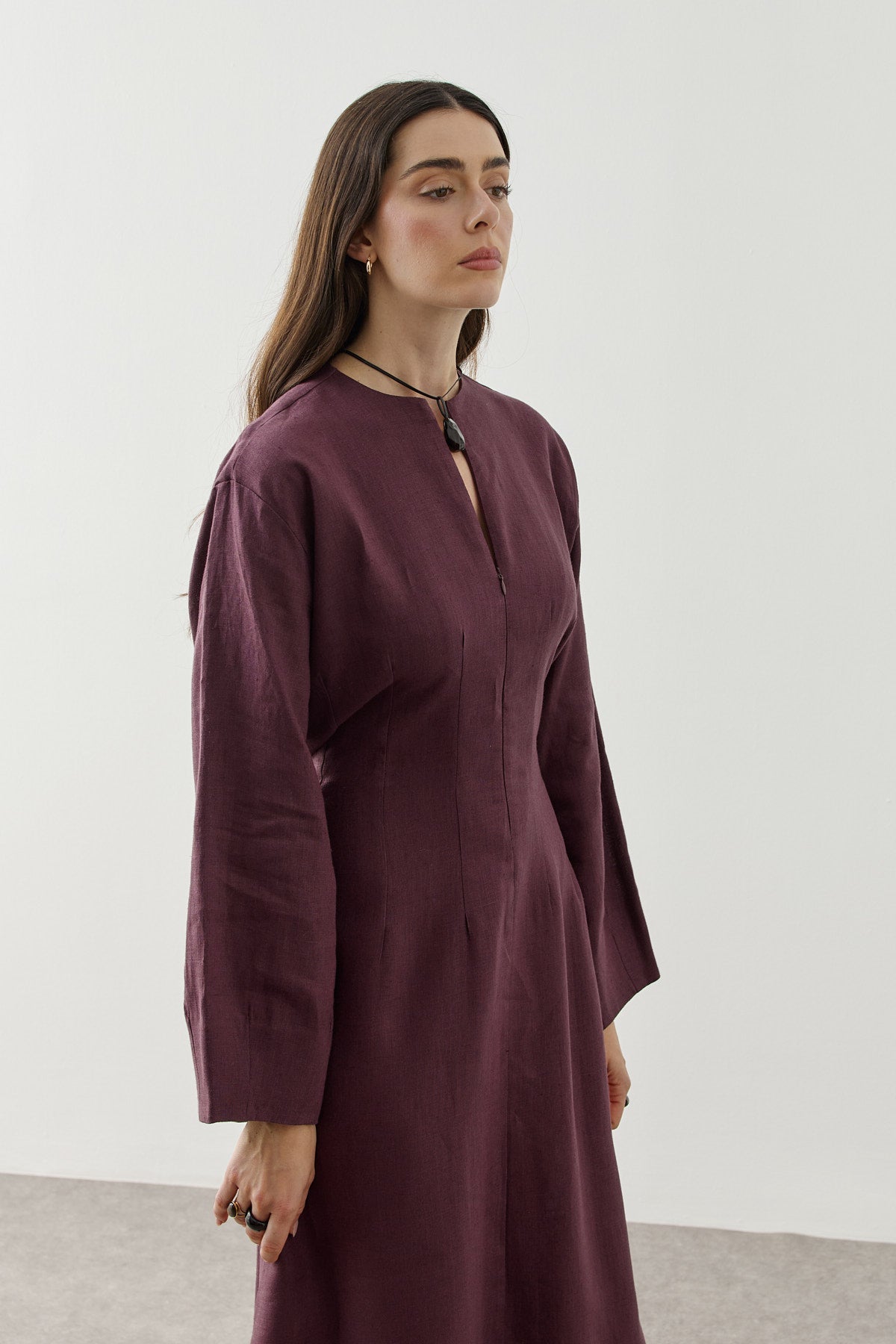 Linen Darted Zip-Up Dress Plum