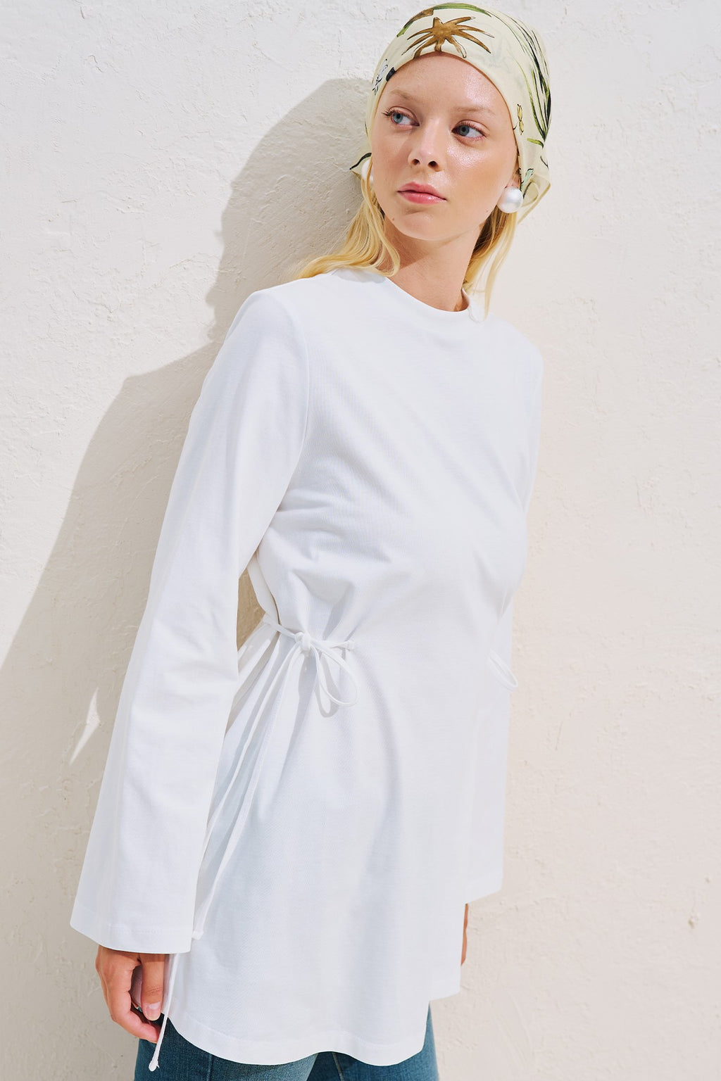 Waist Tie Long Sleeve T-shirt White