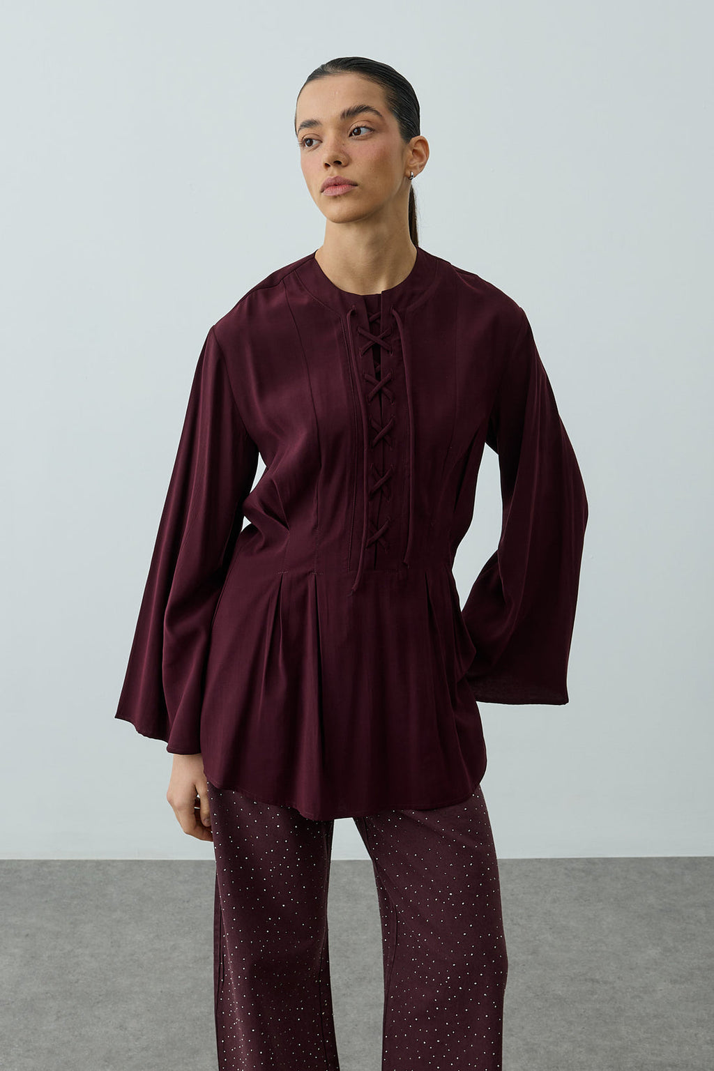 Lace-Up Detail Top Plum