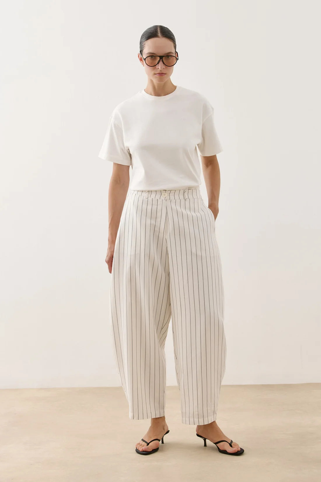 Striped Modal Barrel-Leg Pants White