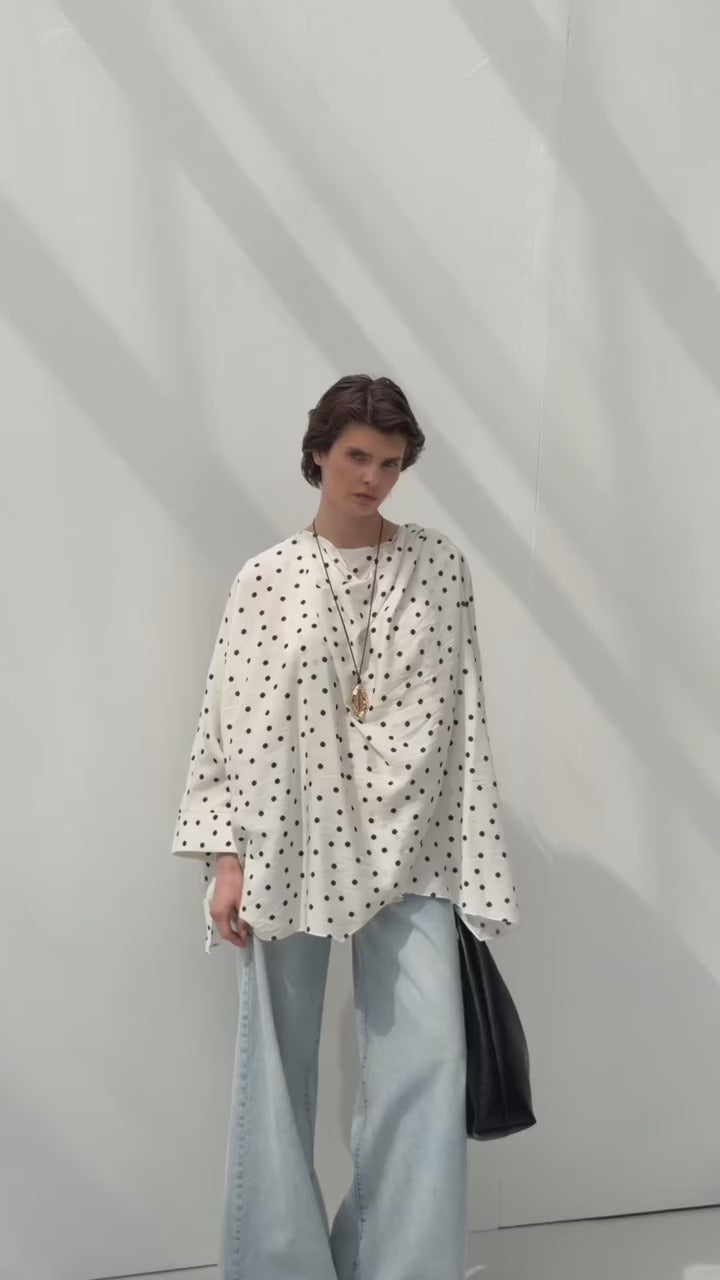 Shawl Collar Polka Dot Patterned Tunic White