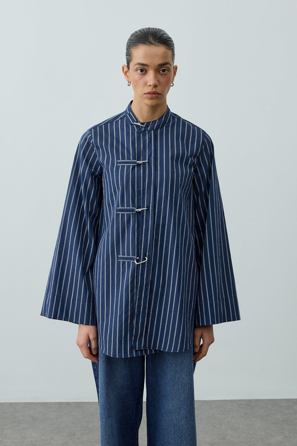 Metal Detailed Striped Shirt Dark Blue