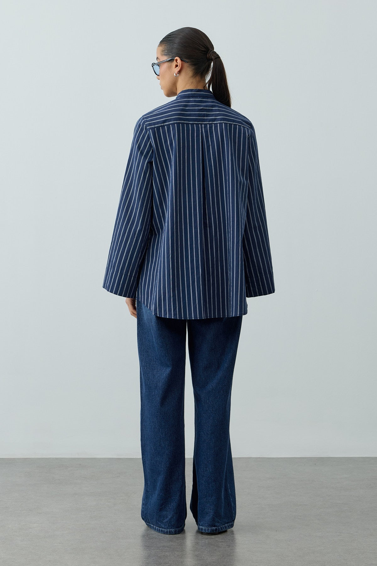 Metal Detailed Striped Shirt Dark Blue